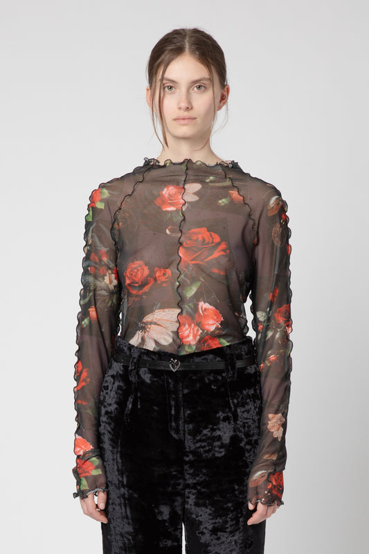 Printed tulle turtle neck top