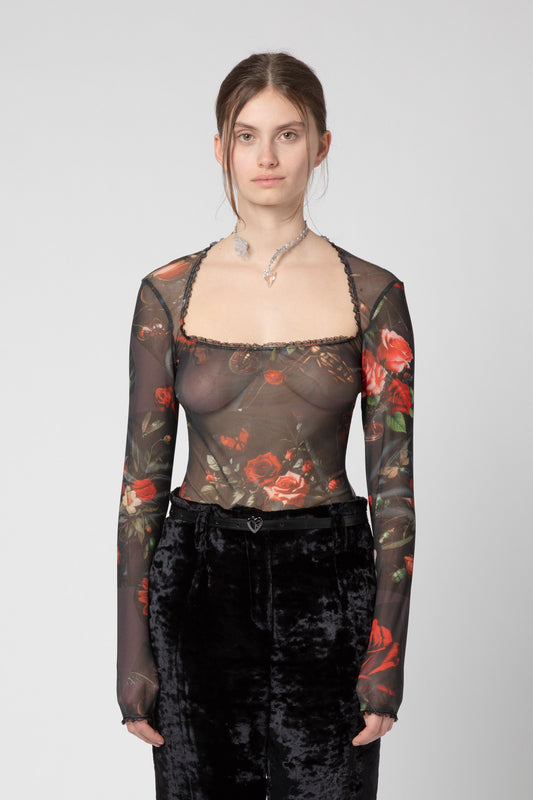 Printed tulle neckline top