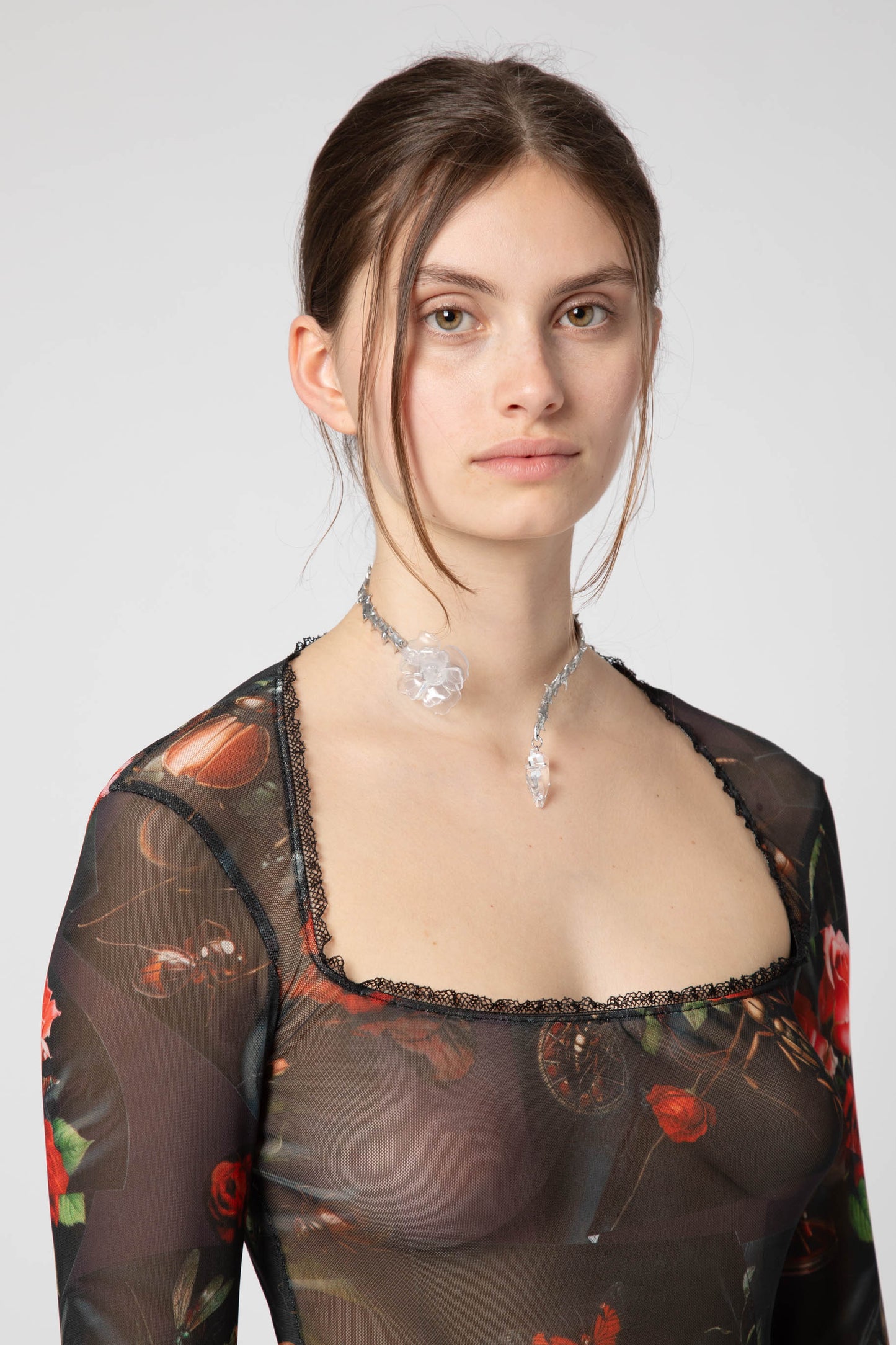 Printed tulle neckline top