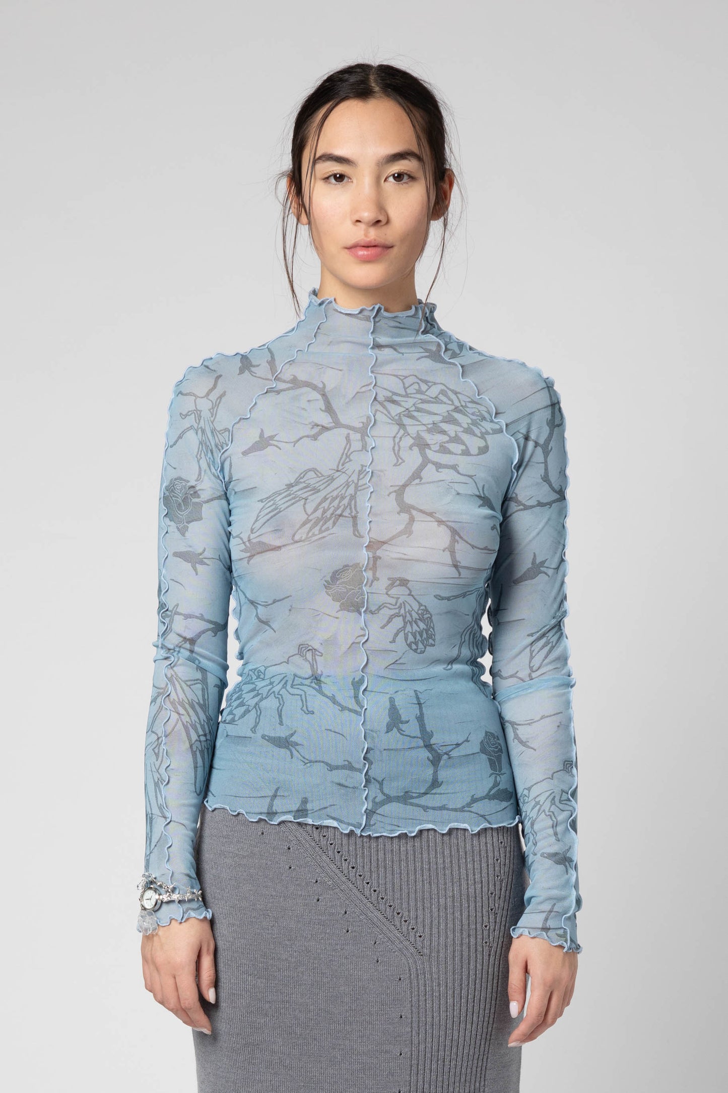 Printed tulle turtle neck top